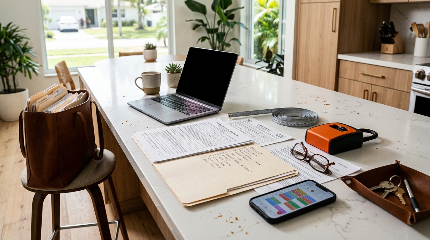 Kitchen counter covered with a laptop, printed disclosure forms, a measuring tape, a lockbox, and a phone showing a packed calendar — the organized chaos of listing preparation