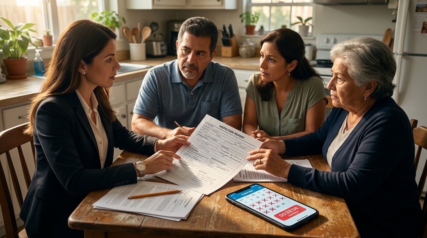 A real estate agent sitting at a kitchen table with a Spanish-speaking family reviewing an inspection report, a phone calendar with days crossed out visible on the table, conveying the tension between explanation time and a ticking contingency deadline