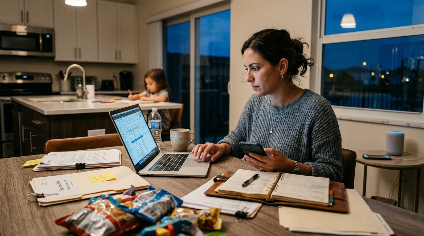 A real estate agent sitting at a kitchen table at dusk with a phone in one hand and a laptop open showing multiple chat threads, capturing the tension between home life and deal admin