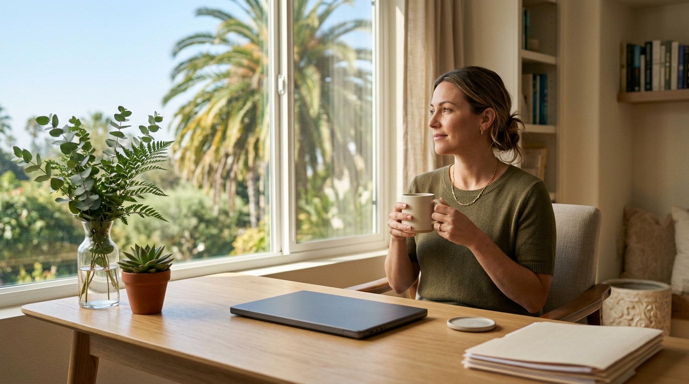Real estate agent organizing a notebook checklist beside a laptop in a bright home office